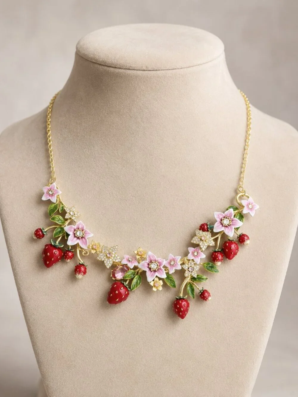 Anthropologie Pink, Red & Green Strawberry Floral Necklace - Picture 1 of 10